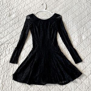 Black Full Lace Long Sleeve Skater Dress